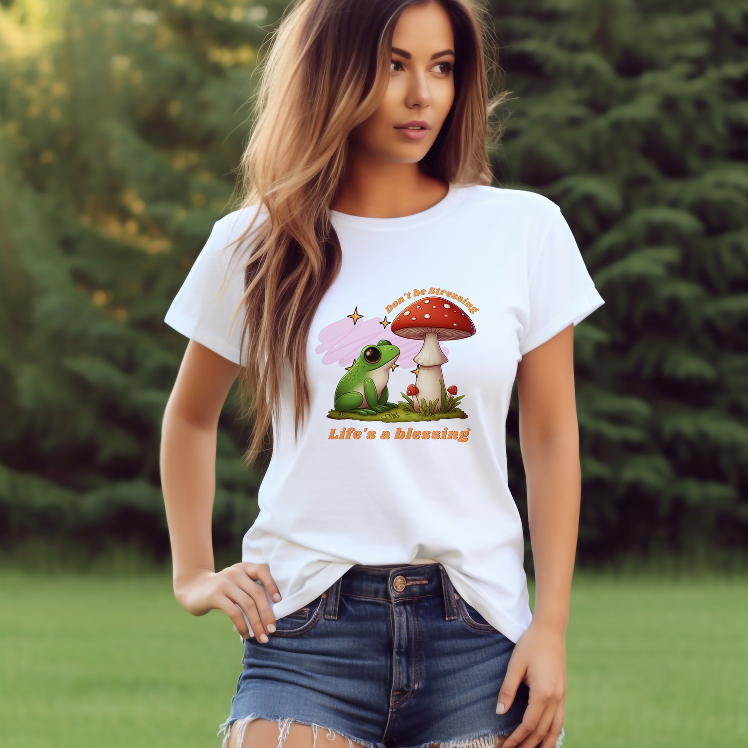 young woman wearing a cottage core tshirt