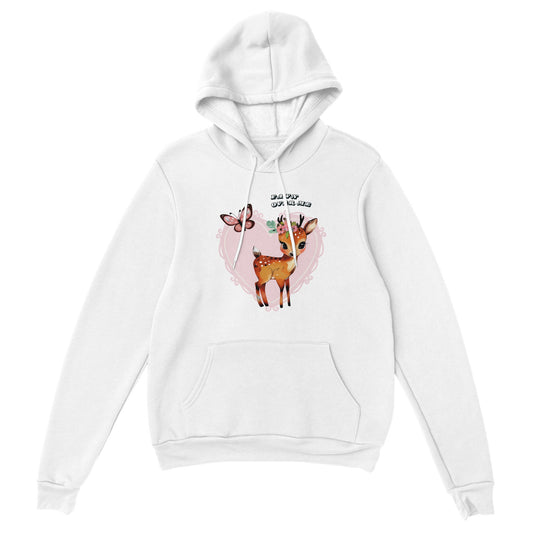 front view of a cottagecore girly hoodie with the design of a deer on a pink heart with a butterfly flying and a writing of fawn over me